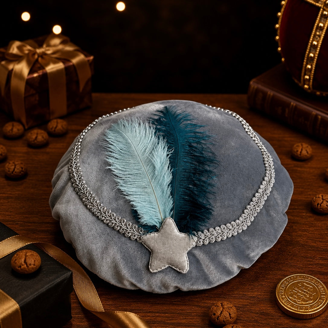 Pietenmuts grijs blauwe veren op=op